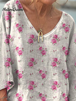 Watercolor French Rose Repeat Pattern Printed Women's Casual V-Neck Long Sleeve Comfortable Cotton T-Shirt