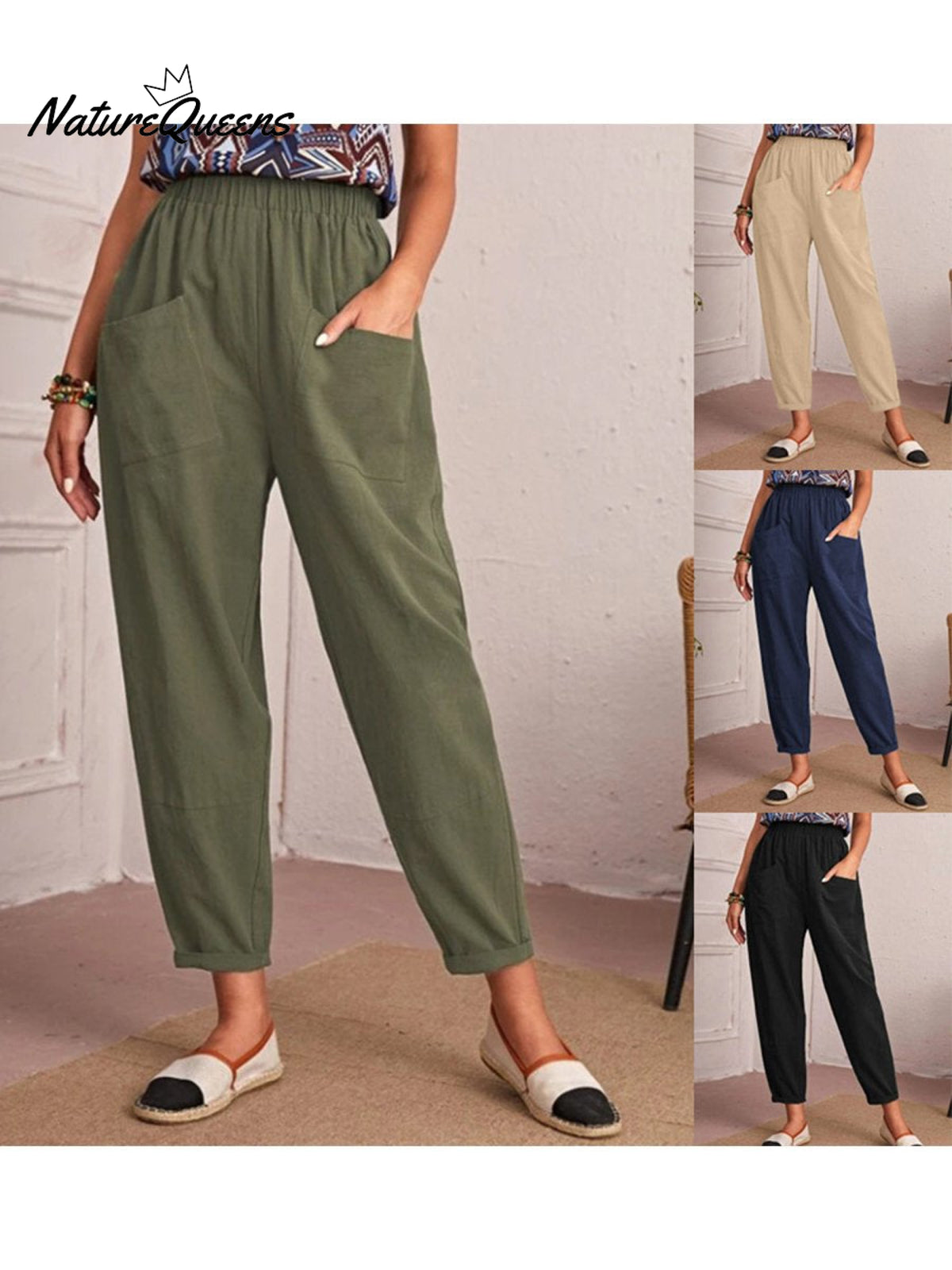 Cotton And Linen Elastic Waist Pocket Tapered Pants