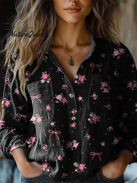 Lovely Coquette Ribbon And Rose Pattern Printed Women's Casual Long Sleeve Comfortable Cotton Shirt