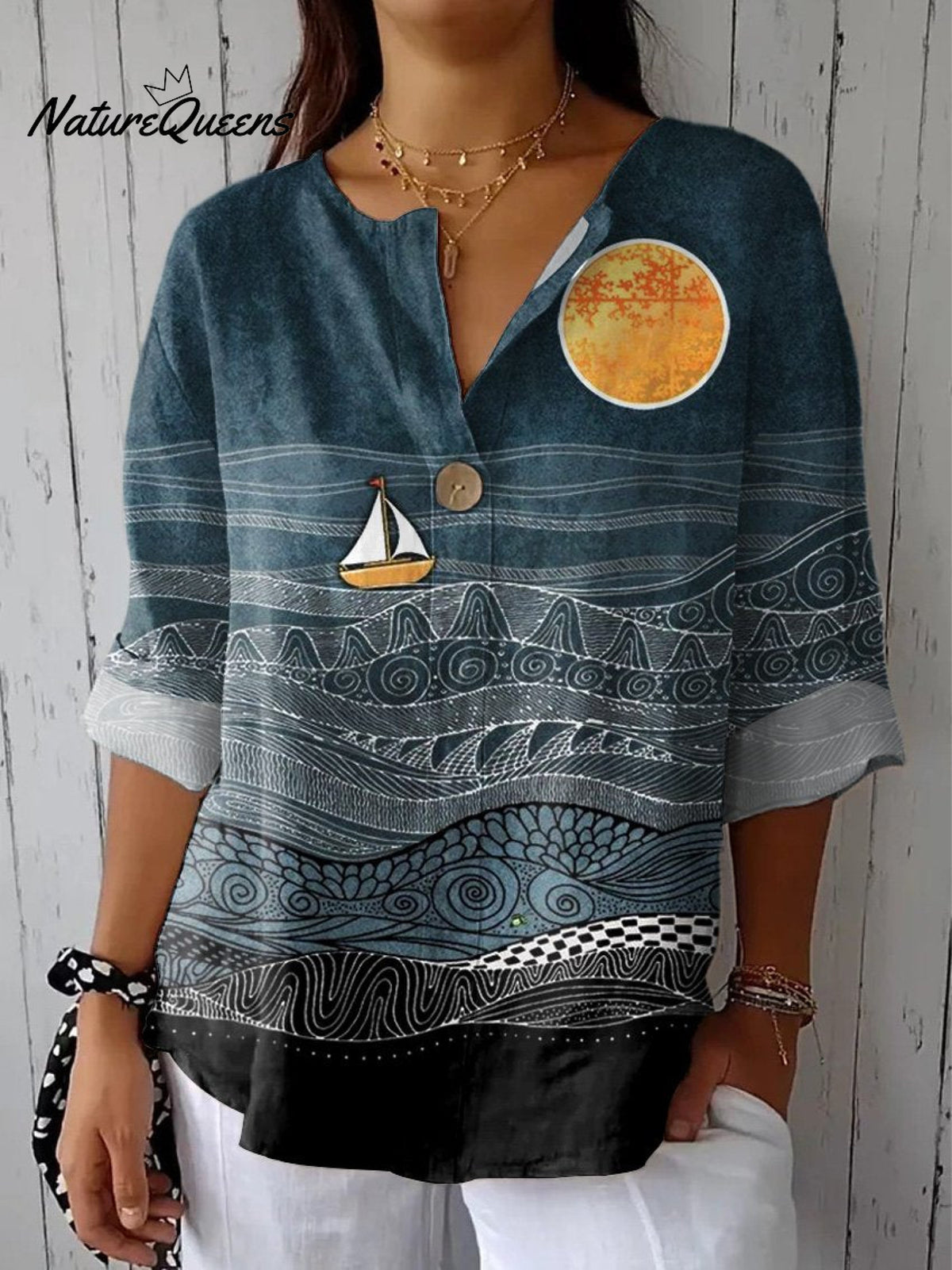 Women's JapaneseArt Print Casual Cotton Linen Shirt