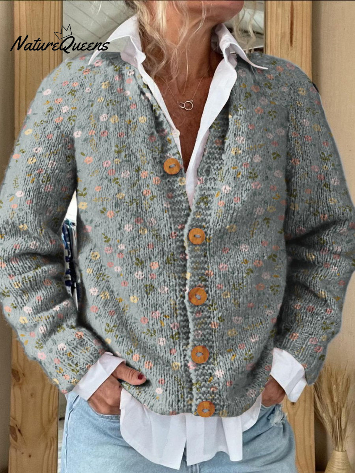 Green Floral Decorative Pattern Buttoned Cardigan Sweater