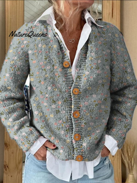 Green Floral Decorative Pattern Buttoned Cardigan Sweater
