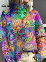 Rainbow-colored Dream-talking Flowers Print Knit Turtleneck Pullover Sweater