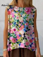Colorful Spring Floral Garden Printed Women's Casual Cotton And Linen Tank Top