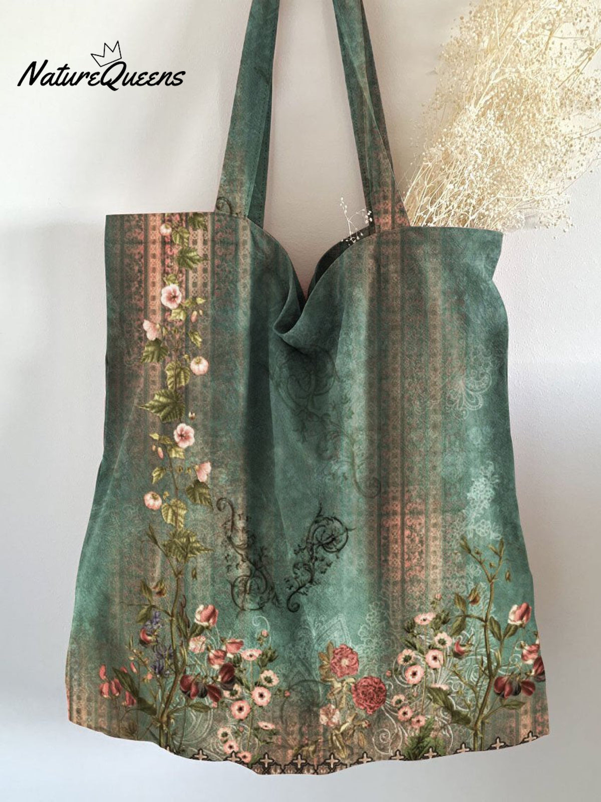 Retro Floral Art Print Linen Tote Bag