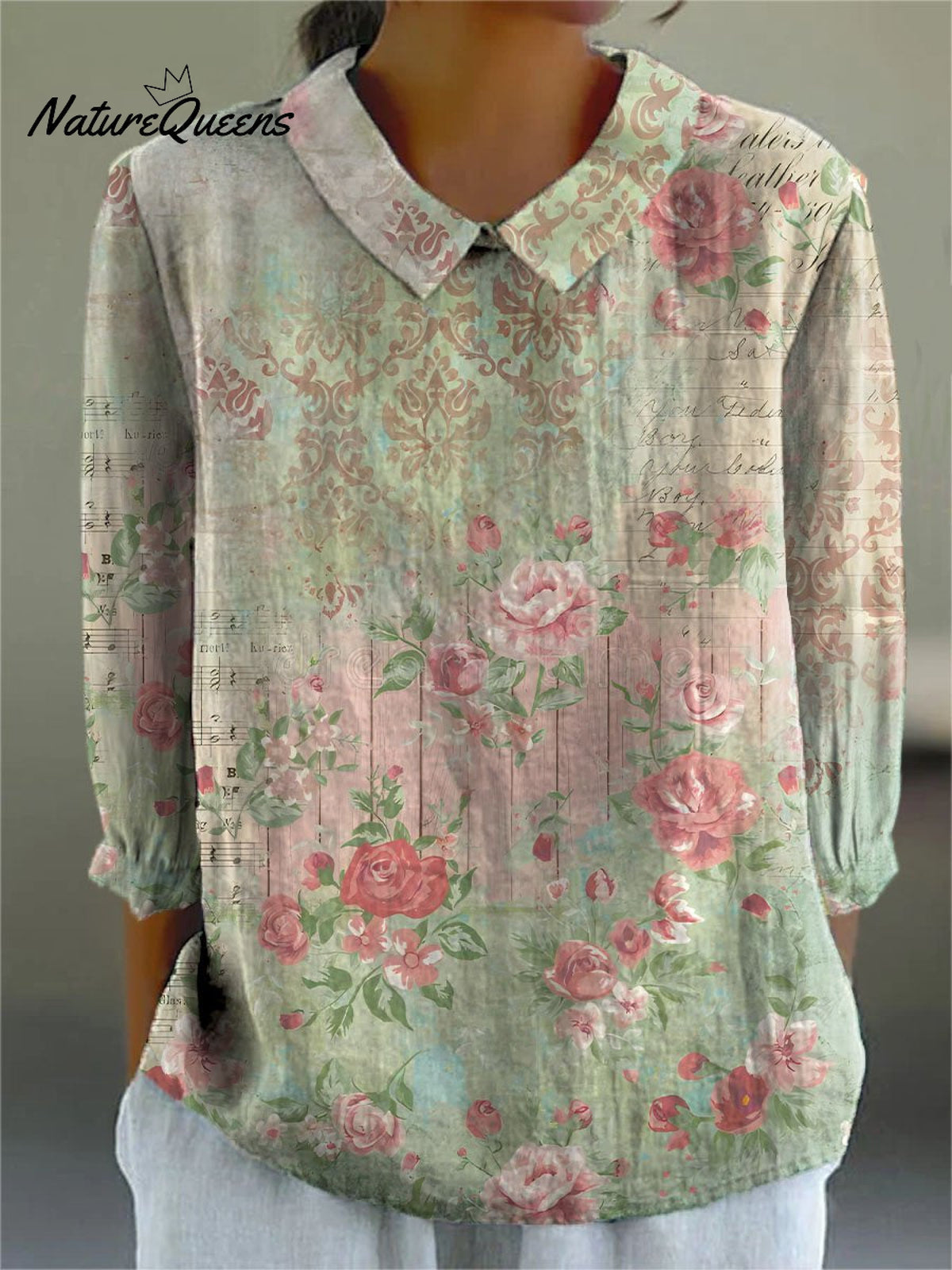 Women's Retro Floral Art Print Casual Cotton And Linen 3/4 Sleeve Shirt