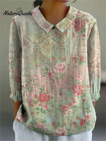 Women's Retro Floral Art Print Casual Cotton And Linen 3/4 Sleeve Shirt