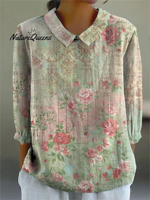 Women's Retro Floral Art Print Casual Cotton And Linen 3/4 Sleeve Shirt