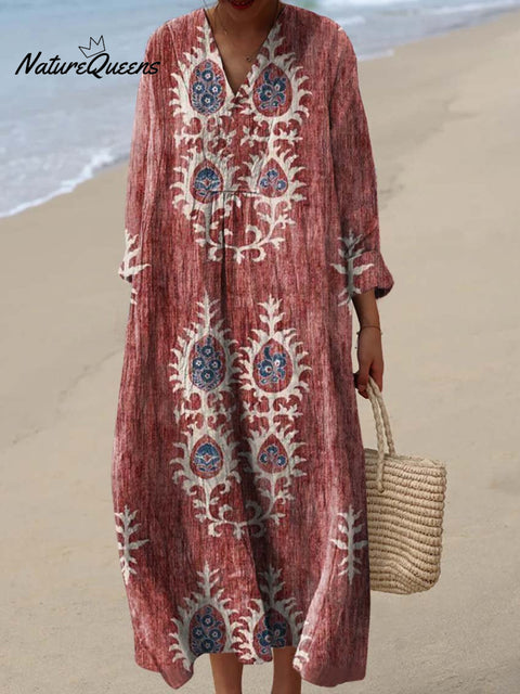 Women's Vintage Ethnic Floral Art Print Cotton Dress