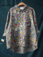 Women's Floral Art Print Casual Cotton And Linen Shirt