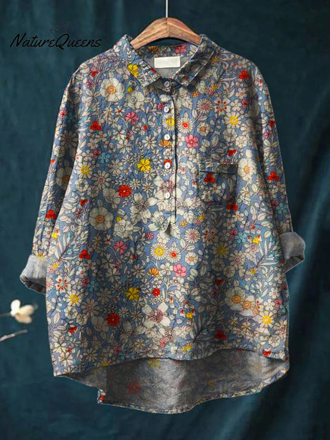 Women's Floral Art Print Casual Cotton And Linen Shirt