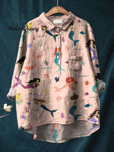 Mermaids Having Fun In The Sea Decorative Pattern Casual Cotton And Linen Shirt