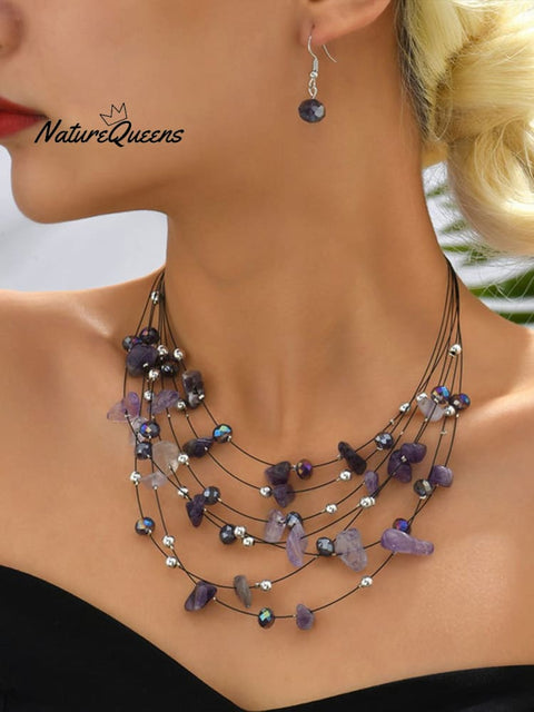 Bohemian Crystal Layered Necklace And Earrings Set