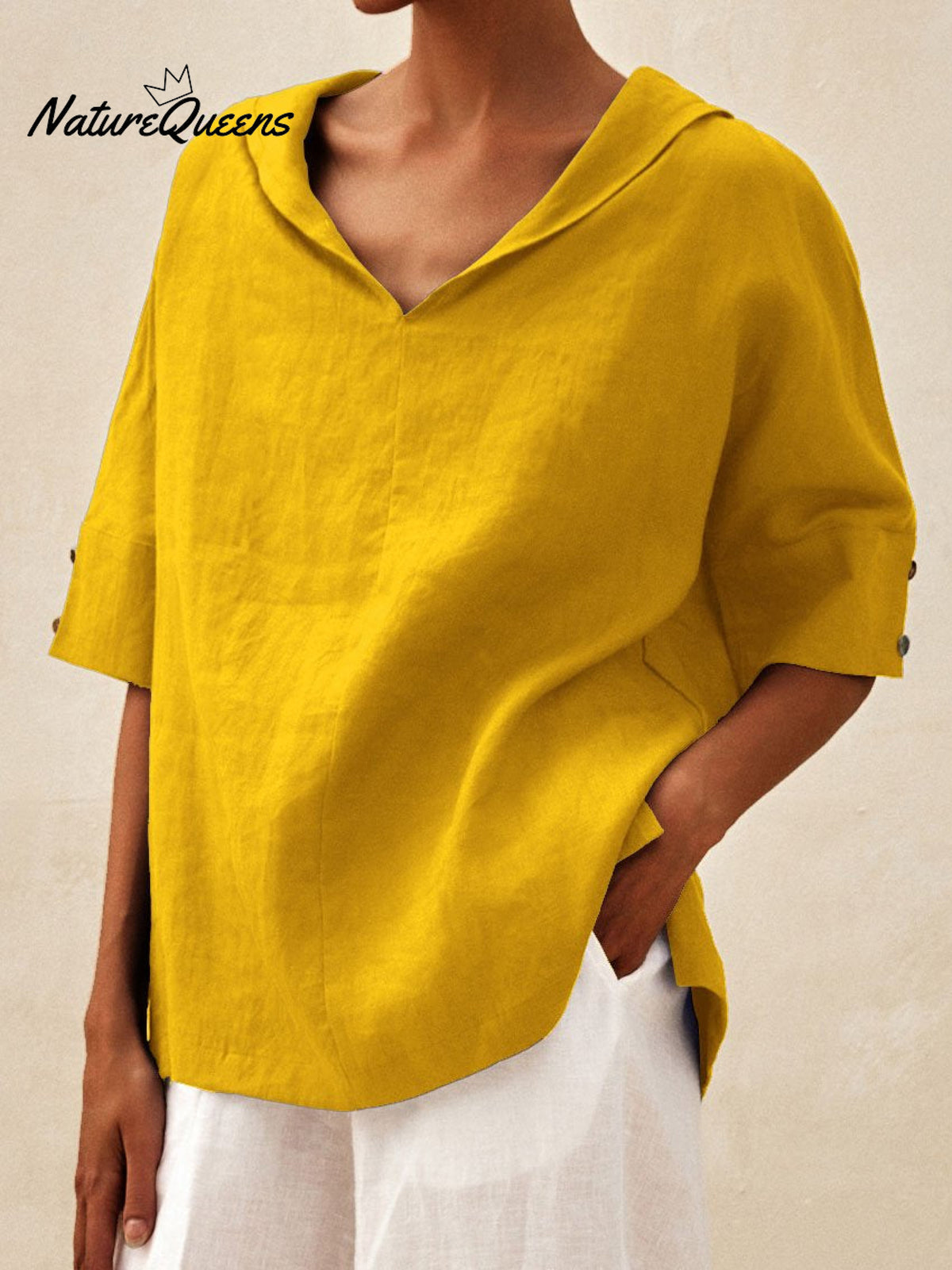 Women’s Casual Linen V-Neck Shirt Yellow / S
