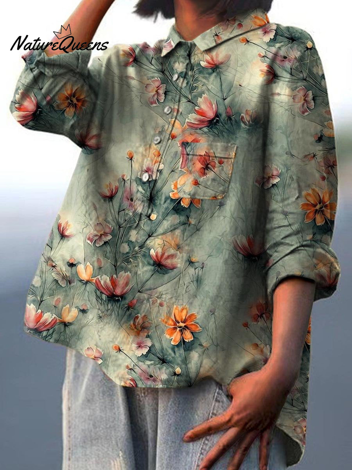 Women's Retro Green Floral Print Casual Cotton And Linen Shirt