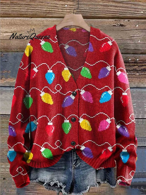 Christmas Lights Print Buttoned Cardigan Sweater