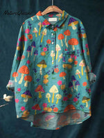 Women's Vintage Mushroom Art Print Casual Cotton And Linen Shirt