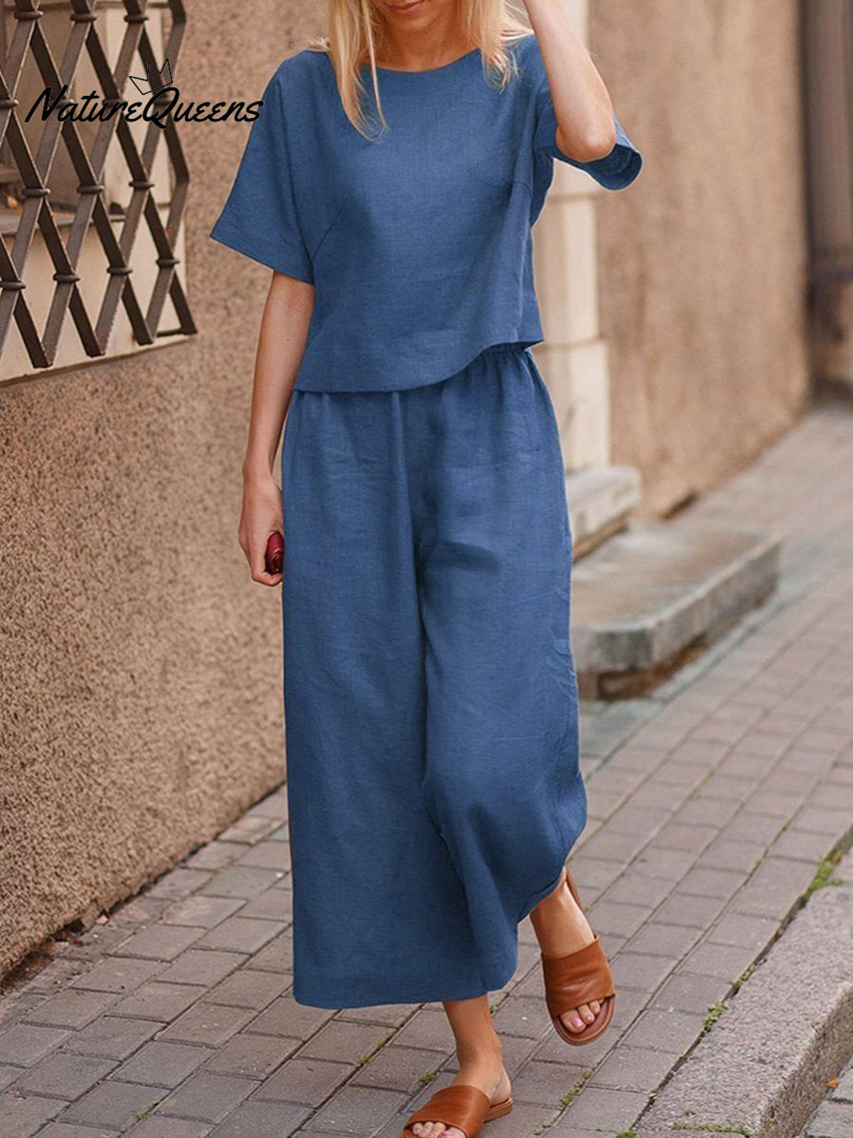 Women’s Solid Color Short Sleeve Suit Navyblue / S