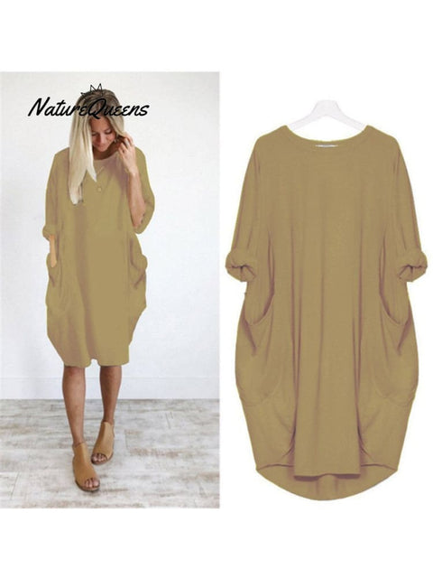 Women’s Solid Color Loose Elegant Casual Long - Sleeved Pocket Dress Khaki / S