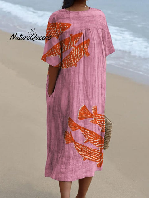 Pink Background and Red Fish Decorative Pattern Flowy Dress
