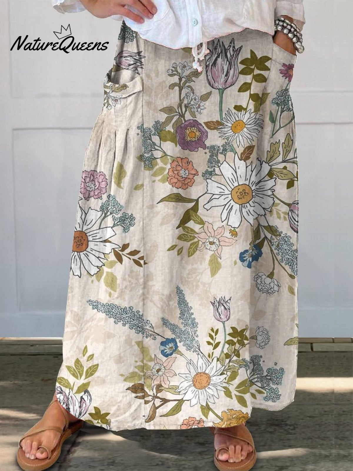 Women’s Flower Art Print Linen Pocket Skirt Multicolor / S