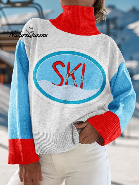 The Art of Skiing Print Knit Turtleneck Pullover Sweater