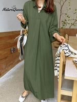 Cotton And Linen Solid Colour Lapel Collar Long Sleeve Casual Dress Armygreen / S