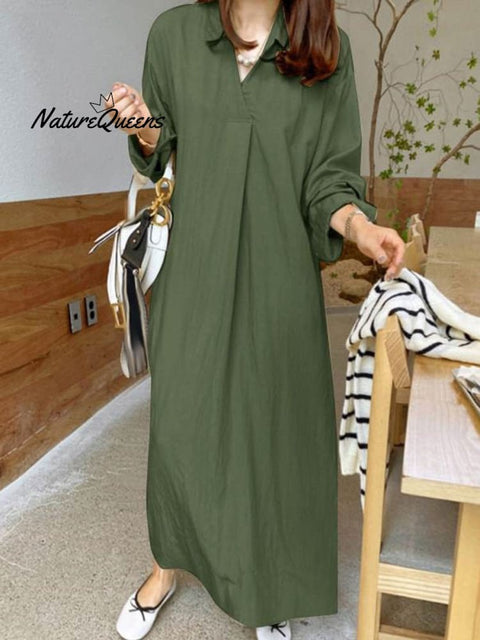 Cotton And Linen Solid Colour Lapel Collar Long Sleeve Casual Dress Armygreen / S