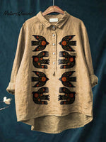 Women's Vintage Bird Print Casual Cotton and Linen Shirt