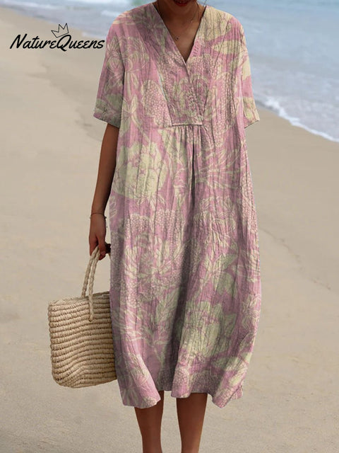 Women’s Vintage Lovely Floral Art Print Casual Flowy Dress Pink / S