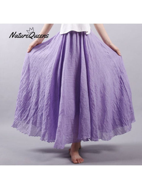 Women’s Cotton Linen Skirt Casual Elastic High Waist Pleated A-Line Beach Skirts Violet / S