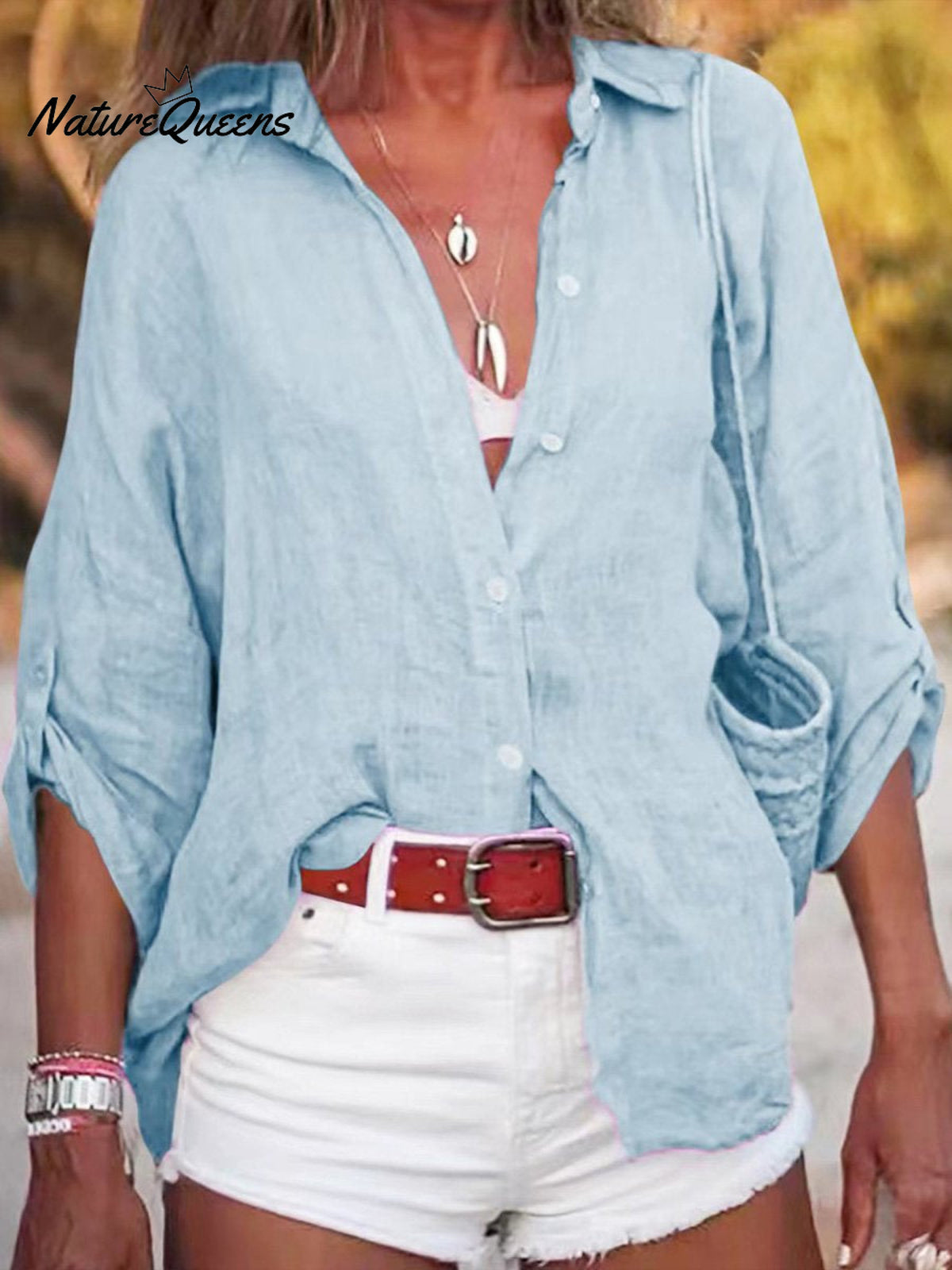 Women’s Solid Color Cotton And Linen Loose Fit Shirt Light Blue / S