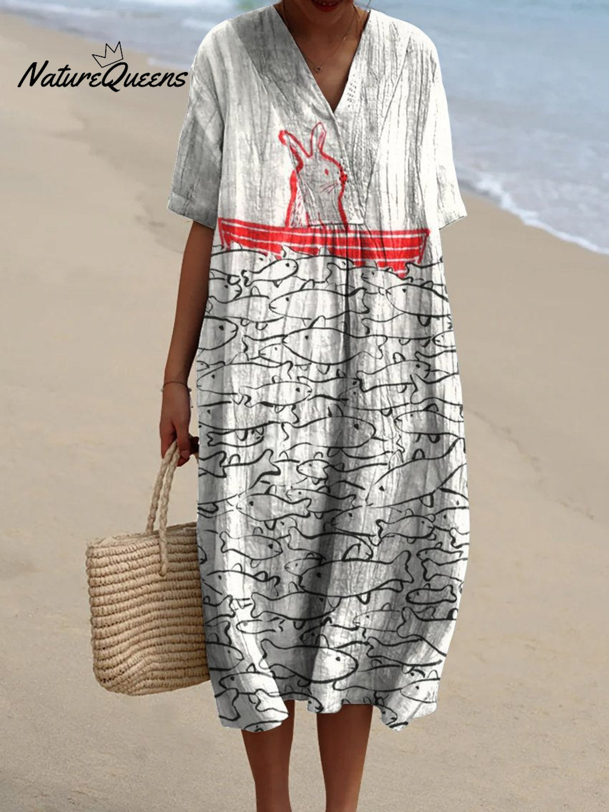 Women's Rabbits and Schools of Fish On A Boat Watercolor Splash Fluid Art Print Flowy Dress