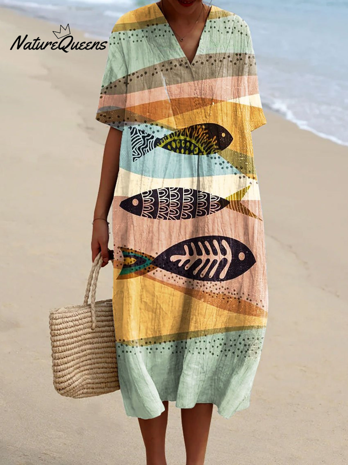 Women's Vintage Fish Art Print Flowy Dress