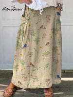 Women’s Retro Floral Birds Art Casual Linen Pocket Skirt Multicolor / S