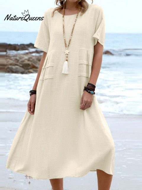 Women's Solid Color Loose Elegant Casual Cotton And Linen Dress