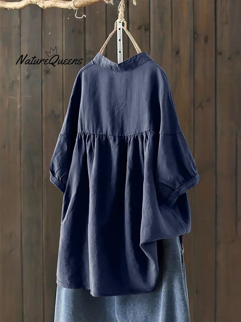 Women's Single Breasted Solid Color Pullover Casual Loose Cotton And Linen Shirt