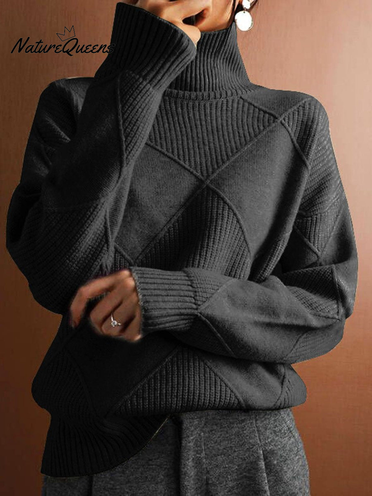 Women's Solid Color Stylish Long-sleeved Loose turtleneck Warm Casual Knitted Sweater