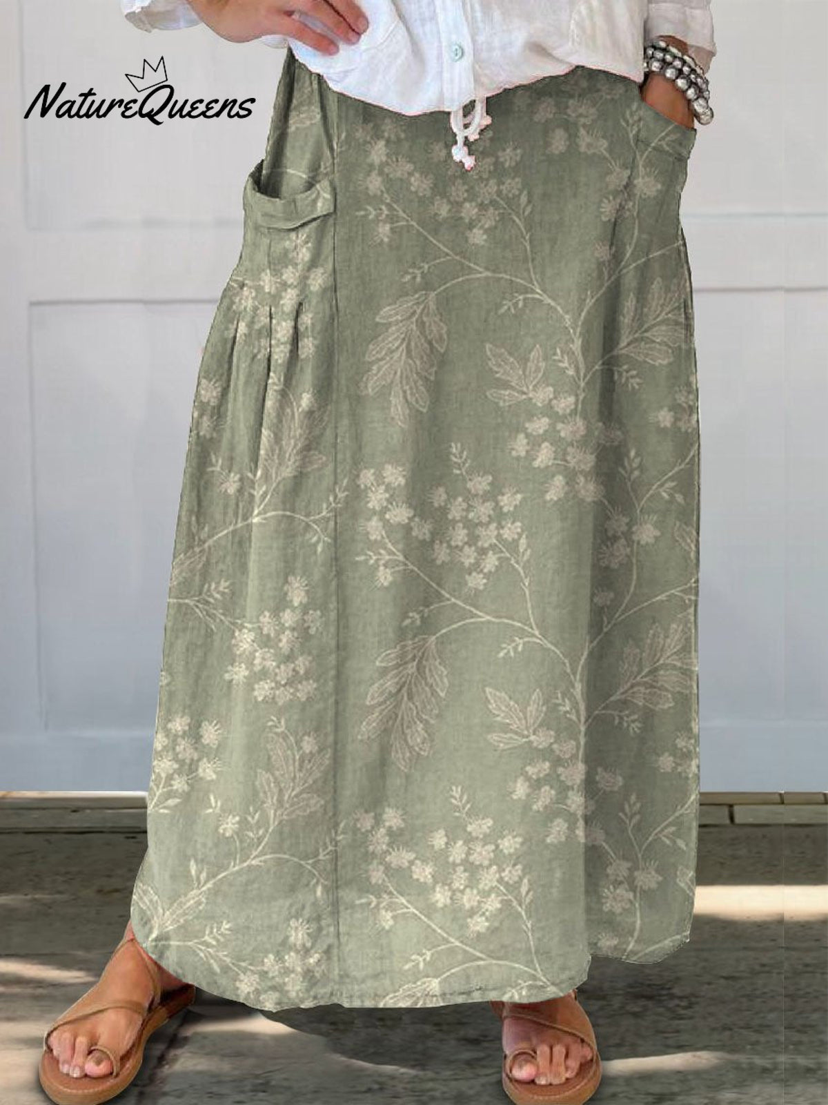 Women’s Retro Elegant Floral Art Linen Elastic Waistband Pocket Skirt Green / S