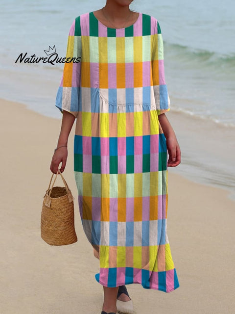 Colorful Rectangle Block Pattern Printed Women's Pocket Cotton Dress