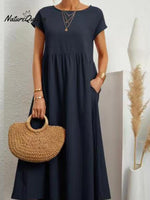 Women’s Solid Color Cotton Linen Round Neck A - Line Dress Dark Blue / S