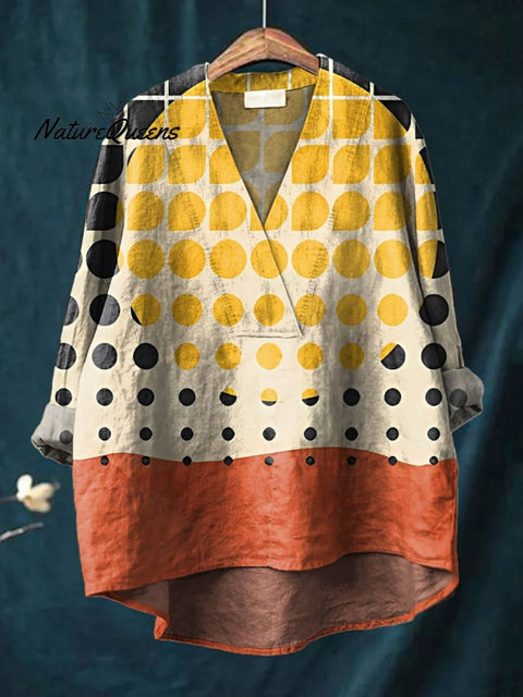 Women's Bohemian Color Block Abstract Art Print Casual Cotton And Linen V-neck Shirt