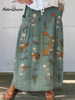 Women’s Retro Skull Music Flower Art Print Linen Pocket Skirt Multicolor / S