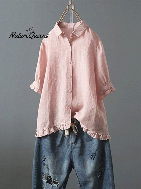 Women's Cotton and Linen Casual Single-Row Button Ruffle Shirt