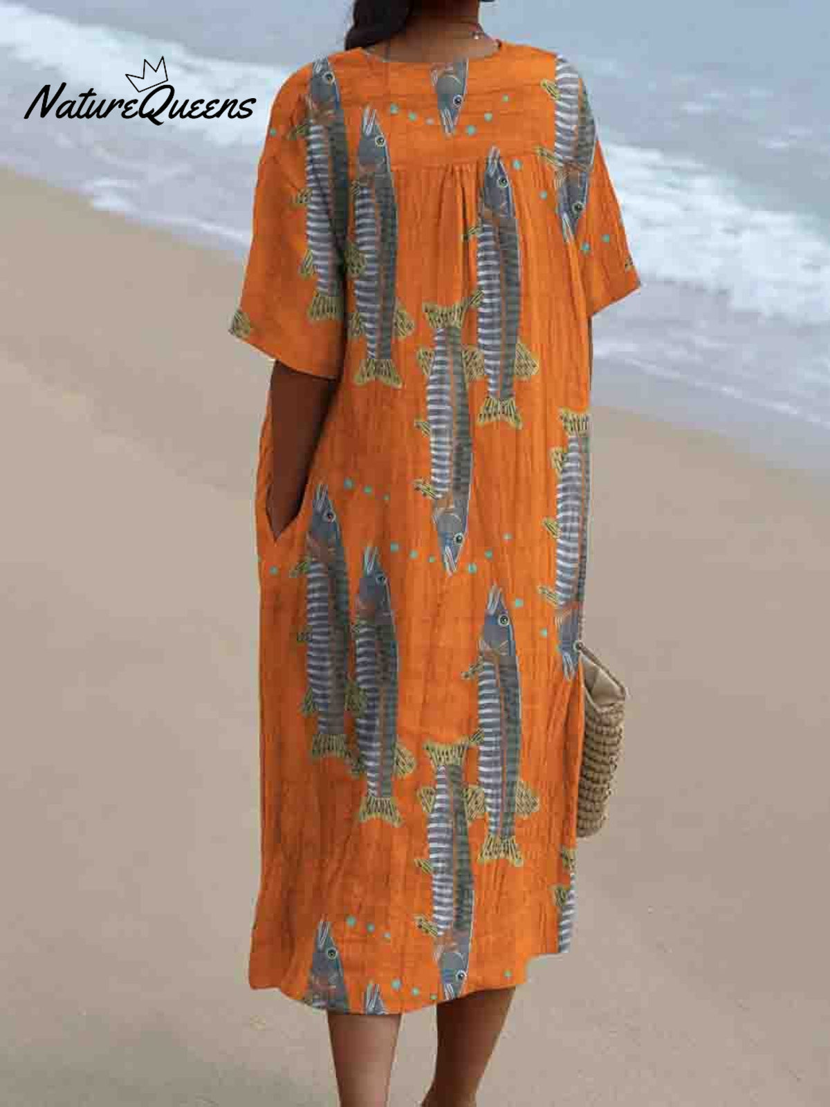 Decorative Pattern of Fish On Orange Bottom Flowy Dress