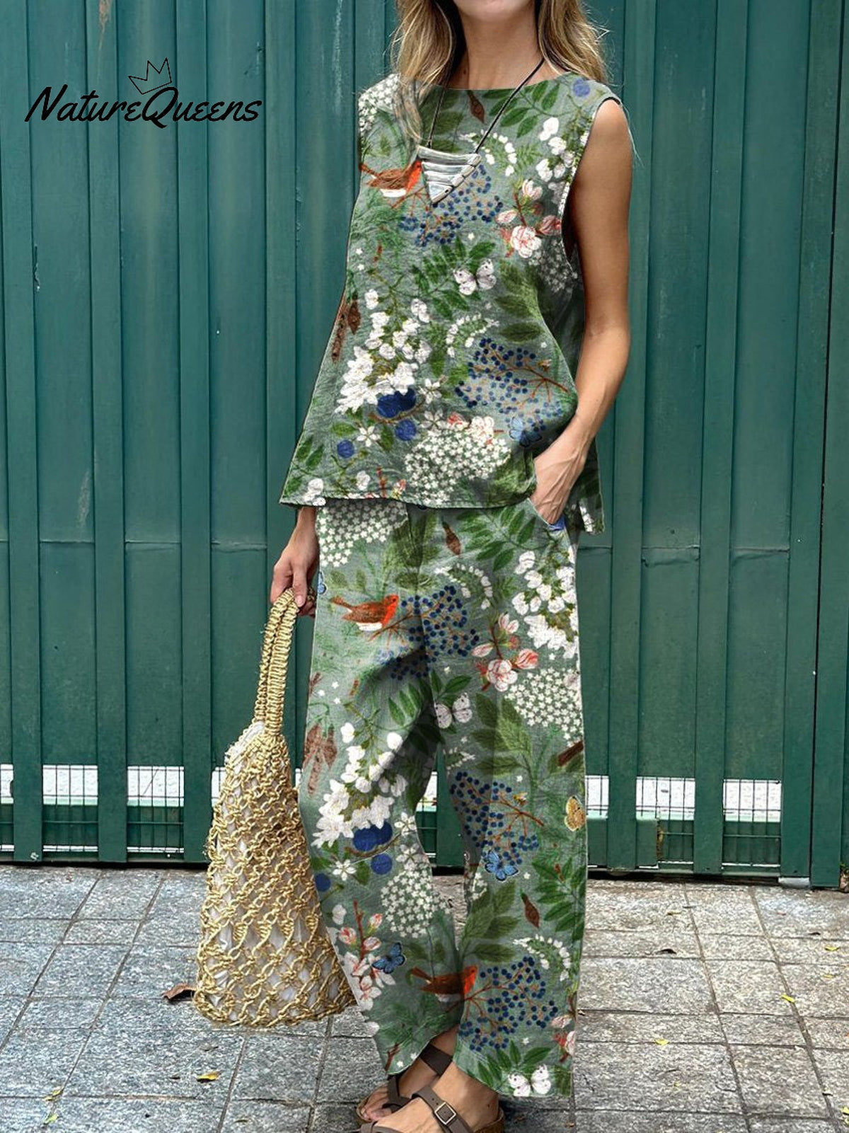 Women’s Floral Art Printed Tank And Casual Pants Linen Cotton Suit Multicolor / S