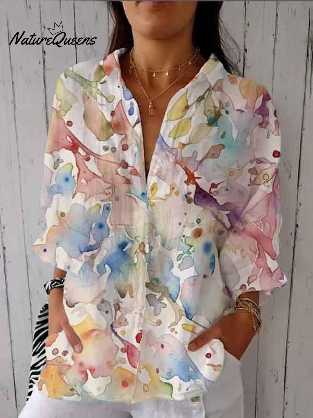 Women's Colorful Watercolor Art Print Casual Linen V-neck Shirt