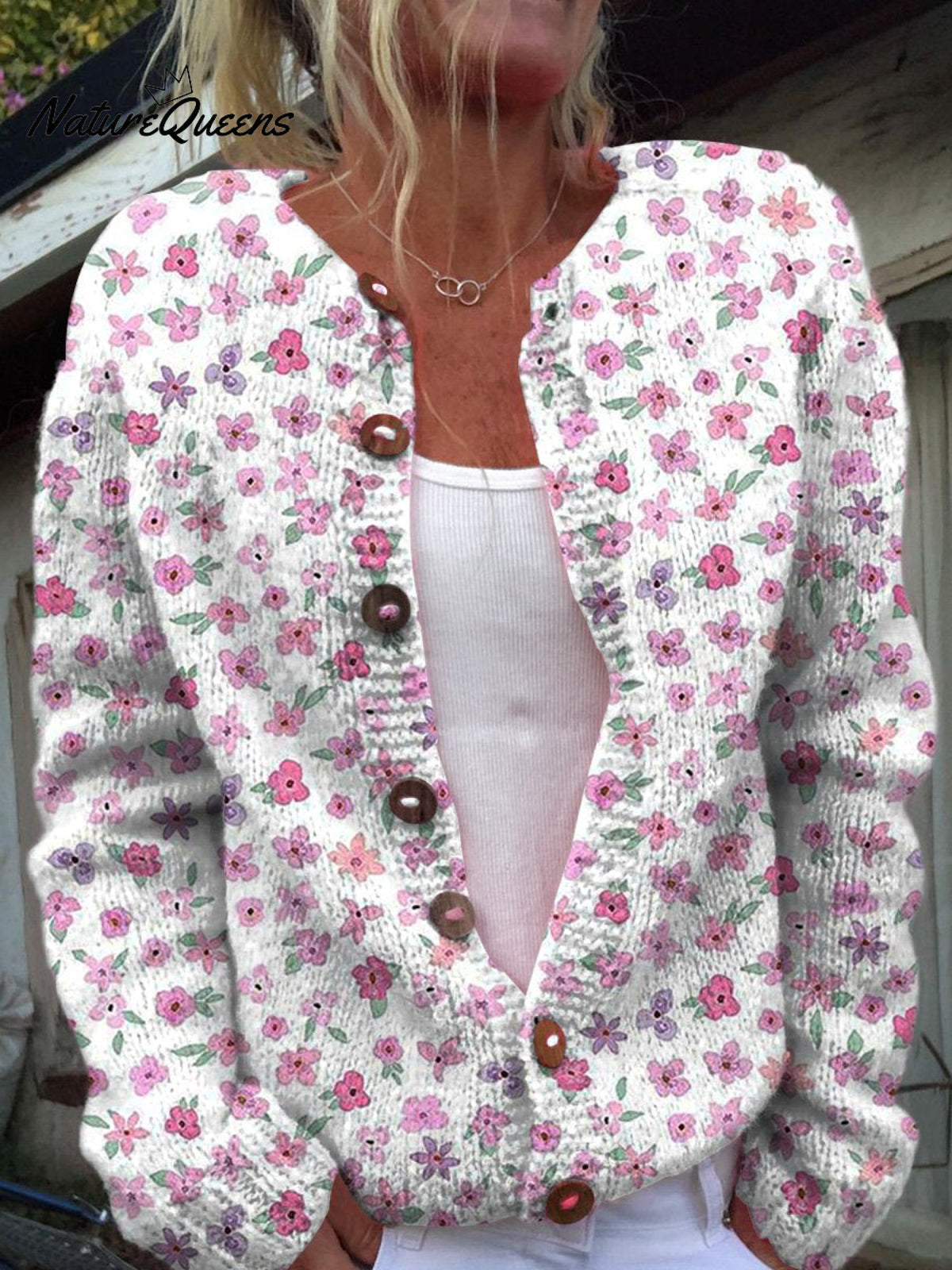 Lovely Small Pink Watercolor Floral Pattern Printed Buttoned Cardigan Sweater