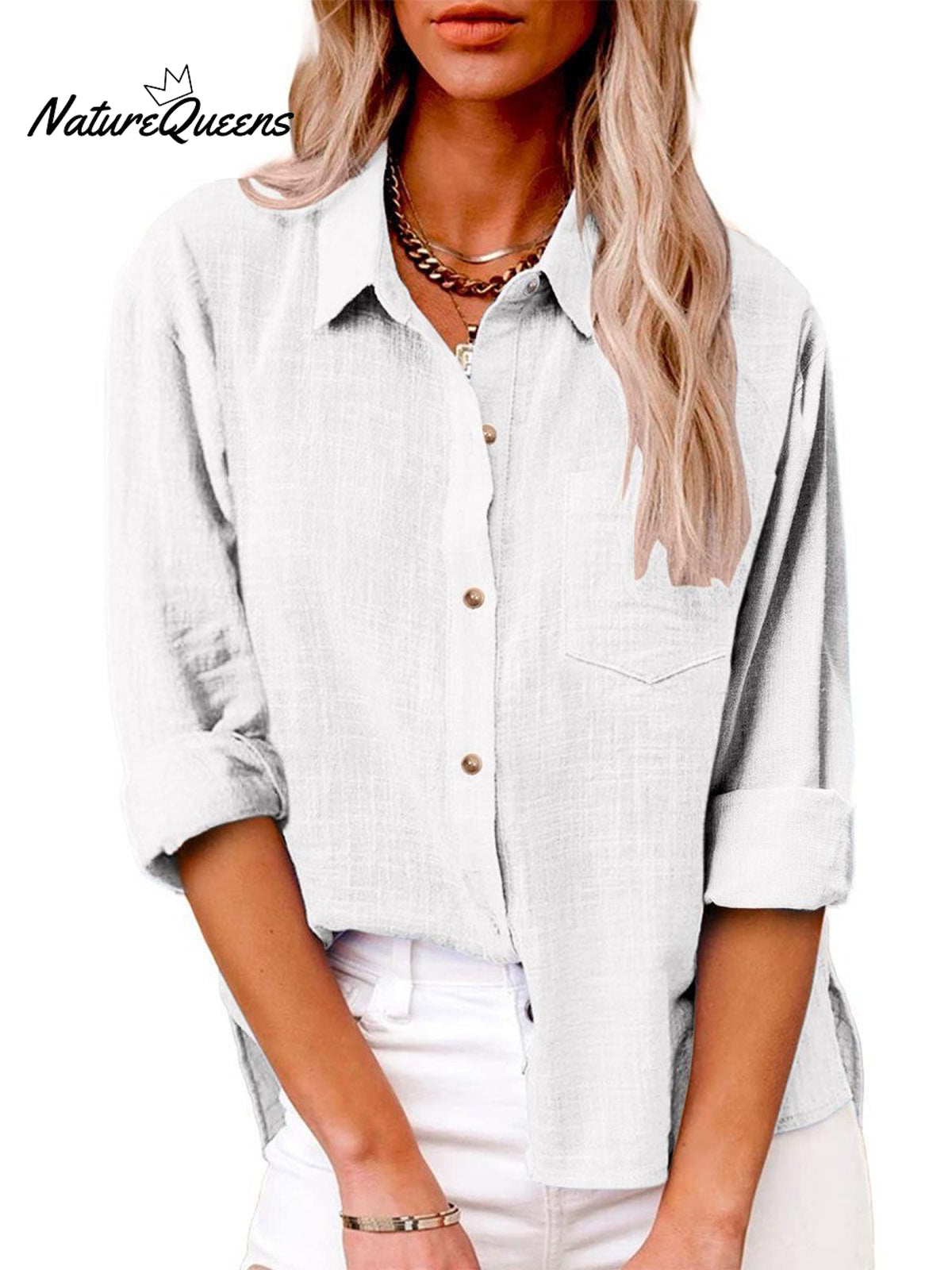 Women's Slit Cotton and Linen Long-sleeved Shirt