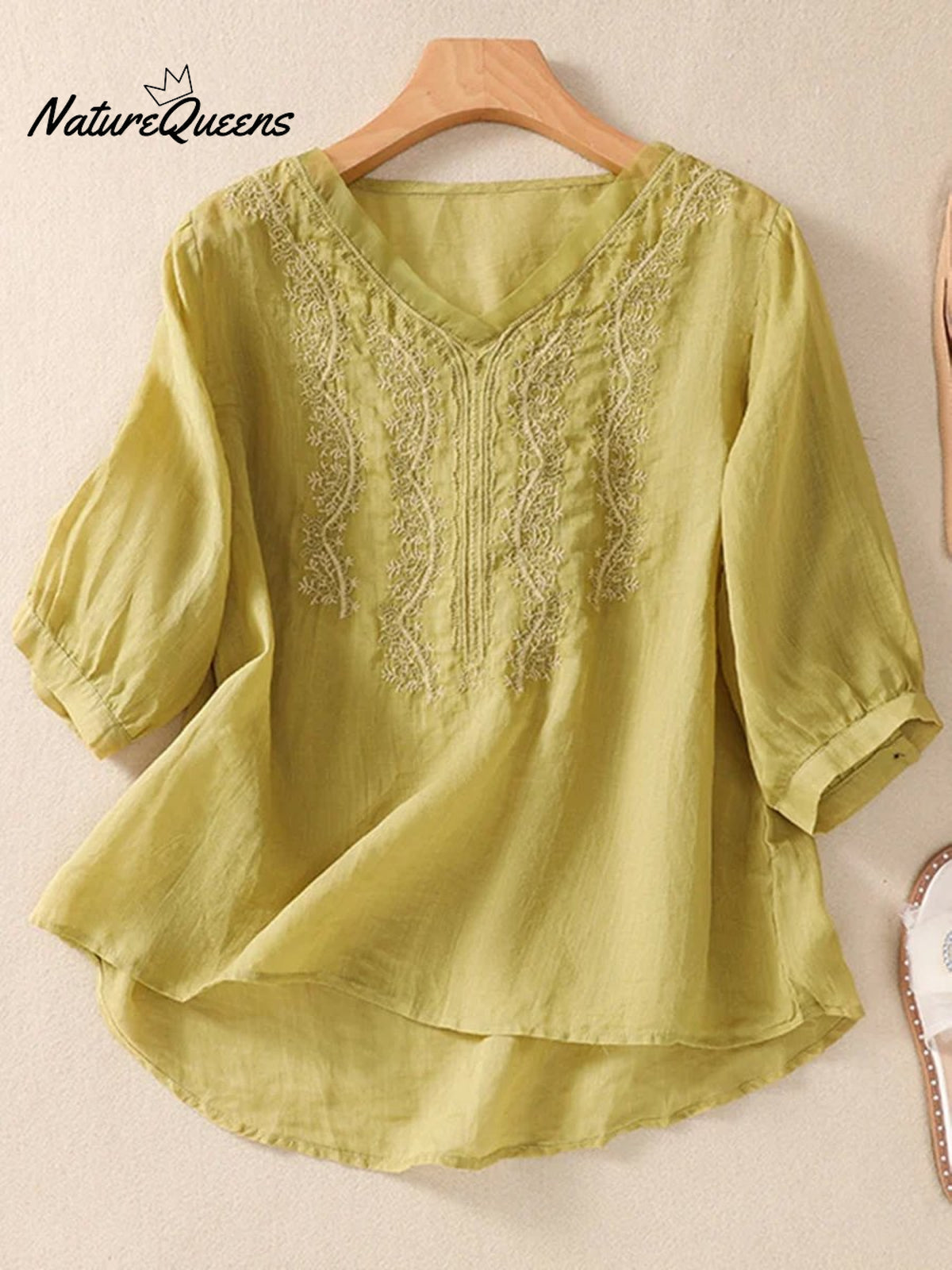 Women's Vintage Embroidered Cotton and Linen Top